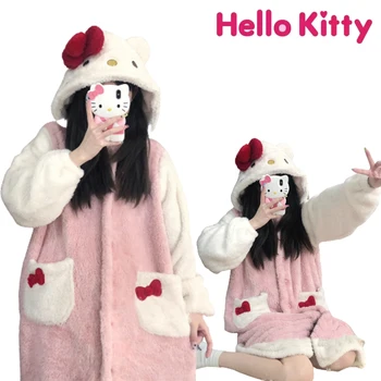 Hello Kitty Pižama Žiemos moterys Naktiniai marškiniai Vidutinio ilgio miego drabužiai Mieli stori koralų vilnos namai Dėvėti naktiniai marškiniai su gobtuvu Dovanos su gobtuvu