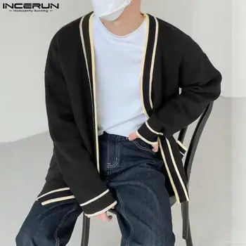 INCERUN Tops 2023 Korėjietiško stiliaus vyrai Casual Simple Patchwork Dryžuoti mezgimo marškiniai Mada Vyriška megztinė Palaidinė be apykaklės S-5XL