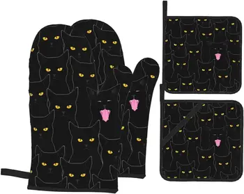 Juodos katės orkaitės pirštinės ir puodų laikikliai Rinkiniai Neslidūs karščiui atsparios pirštinės Puodų laikikliai Puodų pagalvėlės virtuvės virimui Kepimas 4 dalių