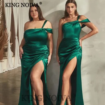KING Sexy Boat Neck One Shoulder Satin Vakarinės suknelės 2024 m Be rankovių grindų ilgis Paprasta prom suknelė vestidos de noche
