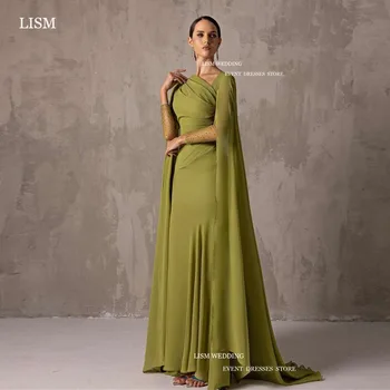 LISM Kuklios žalios vakarinės suknelės Saudo Arabijos moterys pilnomis rankovėmis ilgos plisuotos undinės prom chalatai su skara Oficiali proga suknelė