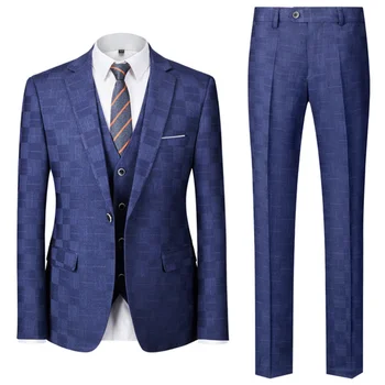 Lansboter mėlynas vyriškas kostiumas 3 vnt. Business Casual Check Slim For Wedding Bankquet Office Work Tuxedos Set Jacket Liemenė Kelnės