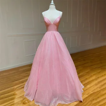 Lily Spaghetti Dirželis Prom suknelė V kaklo vakarėlio suknelė blizgučiai Įžymybių chalatai Linija Nėriniai atgal Vestuvių vakarėlio suknelė вечерние платья