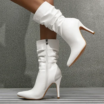 Liyke Fashion Design Balti plisuoti odiniai batai Moteriška žiema 2024 Seksualus smailus pirštas Užtrauktukas Ploni aukštakulniai Batukai Batai Pompos