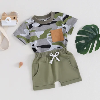 Mažylio berniukas Camo Apranga Kūdikių kamufliažas Drabužiai Trumpomis rankovėmis Marškinėliai Viršutiniai šortai Komplektas Vasaros medžioklės drabužiai