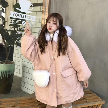 Moterys 2023 m. žiema Nauja Parka Korėjietiška kailinė apykaklė su gobtuvu Sutirštintas švarkas Moteris Mados merginos Rožinės spalvos drabužiai ilgomis rankovėmis Medvilniniai paminkštinti drabužiai