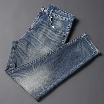 Naujai mados dizaineris Vyriški džinsai Aukštos kokybės klasikiniai retro mėlyni elastiniai ploni prigludę vintažiniai džinsai Vyriškos laisvalaikio džinsinės kelnės Hombre