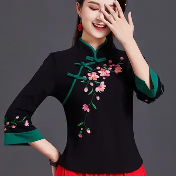 Nauji tradiciniai siuvinėjimai Kiniški drabužiai moterims Tang Kinų stiliaus marškiniai Moteriškos trumpos rankovės Summer Cheongsam Top hanfu
