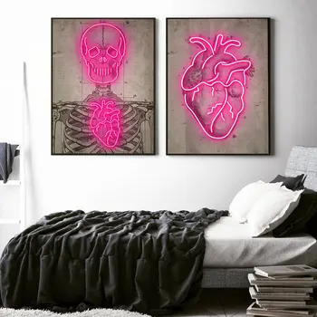 Neoninės širdies senovinė diagrama Plakatas Skeletas Retro meno spauda Minimali drobės tapyba Modernus paveikslas Svetainė Namų dekoras