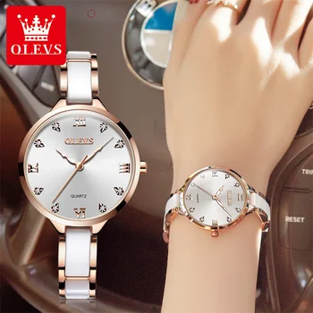 OLEVS Naujos mados moterų kvarcinis laikrodis vyrams Prabangus keraminis dirželis Vandeniui atsparus Šviečiančios rankos Kalendoriniai laikrodžiai Relogio Feminino