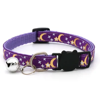 Pet Collar Gold Moon Stars Reflective Safety Buckle with Bell Adjustable Puppy Dog Pet Accessories Kitten Reikmenys