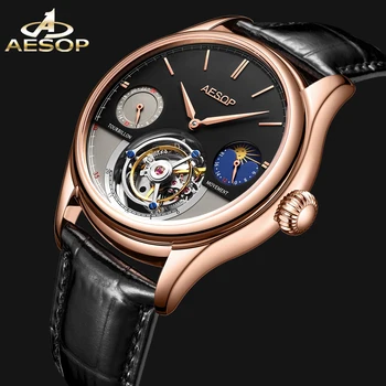 Prabangus prekės ženklas AESOP Vyriškas originalus Tourbillon Mechaninis mados laikrodis Vyrai Daugiafunkcis mėnulio fazės apvijos Tourbillon rankinis laikrodis