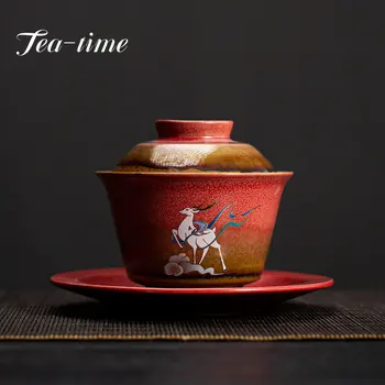 Retro Spindesio elnio keramikos Gaiwan kinų arbatos rinkinys Sancai arbatos dubuo nešiojamas su dangteliu Japoniškas Teacup Buitinis individualus teaware