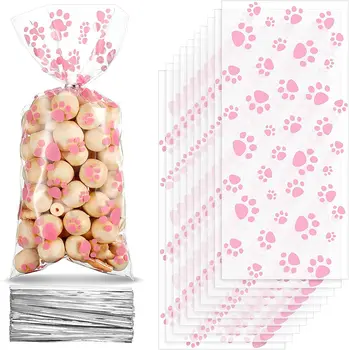Rožinė naminių gyvūnėlių letenų spausdinimo kūgio celofano maišeliai Šilumos sandarūs saldainių maišeliai Šunų letenų dovanų maišeliai Kačių skanėstų krepšys Susukti kaklaraiščiai naminių gyvūnėlių skanėstų vakarėliui