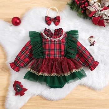 SUNSIOM 2Pcs Baby Girls Kalėdinė apranga Ruffle ilgomis rankovėmis Romper tinklinė suknelė Romper + Galvos juostos komplektas Naujagimių kalėdiniai drabužiai