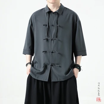Sinicism Dial sagtis Dekoratyviniai marškinėliai trumpomis rankovėmis Vyriški tangsuit Hanfu vasaros marškiniai Kiniško stiliaus Loose IceSilk Tops all match