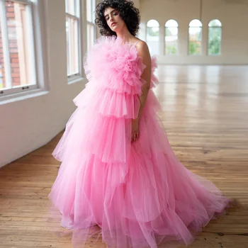 Spagečių dirželis Baby Pink Tiulio rutulinis chalatas Raukta sluoksniuota vakarinė suknelė Pūkuota gimtadienio prom suknelė su traukiniu elegantiška