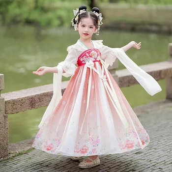 Vasaros vaikai Hanfu Vintage Kids Girls Gėlių siuvinėjimo suknelė Kinų tradicinis liaudies šokių kostiumas Senoviniai Cosplay drabužiai