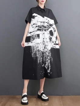 Vintažinių marškinių suknelės trumpomis rankovėmis moterims Naujos laisvos laisvalaikio midi suknelės chalatas Mada Elegantiški drabužiai 2023 m. vasara