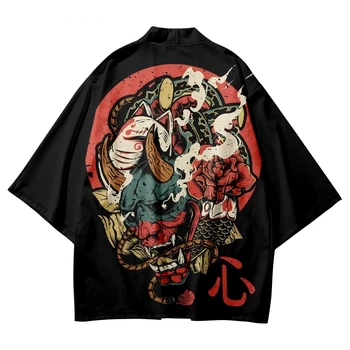 Vyrai Moterys Yukata Cardigan Black Cosplay Haori Japonų anime Demon Print Tradiciniai Kimono Samurajų Azijos gatvės drabužiai