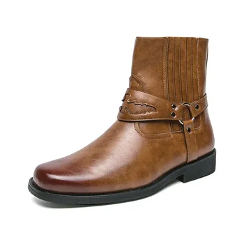 Vyriški odiniai sagtys Chelsea batai Vyriški batai Juodi vakarietiški kaubojiški batai Užtrauktukas Vintage Brown motociklo odiniai batai
