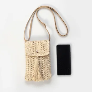 Women Straw Beach Bag Holiday Mobile Phone Shouder Bag Summer Tuisel Mini Crossbody Bag for Lady Gril Travel Bohemian Style