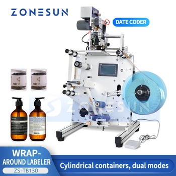 ZONESUN ZS-TB130 Dvigubų pusių ženklinimo mašina Lipdukų etiketė Apvalių butelių ženklinimo mašinos etikečių aplikatorius