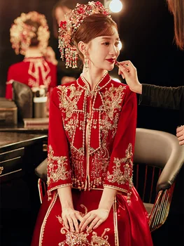 kinų stilius Tradiciniai blizgučiai Karoliukų kutai Vestuvinė suknelė Moteriška siuvinėjimas Veliūrinis Skrudinta duona Drabužiai Cheongsam