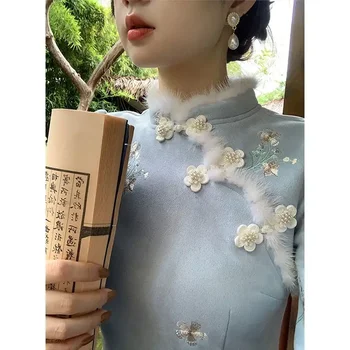 kinų tradicinė Qipao suknelė Cheongsam moteriški drabužiai Ruduo Žiema Švelnus gėlių temperamentas Elegantiškas siuvinėjimas Vintage
